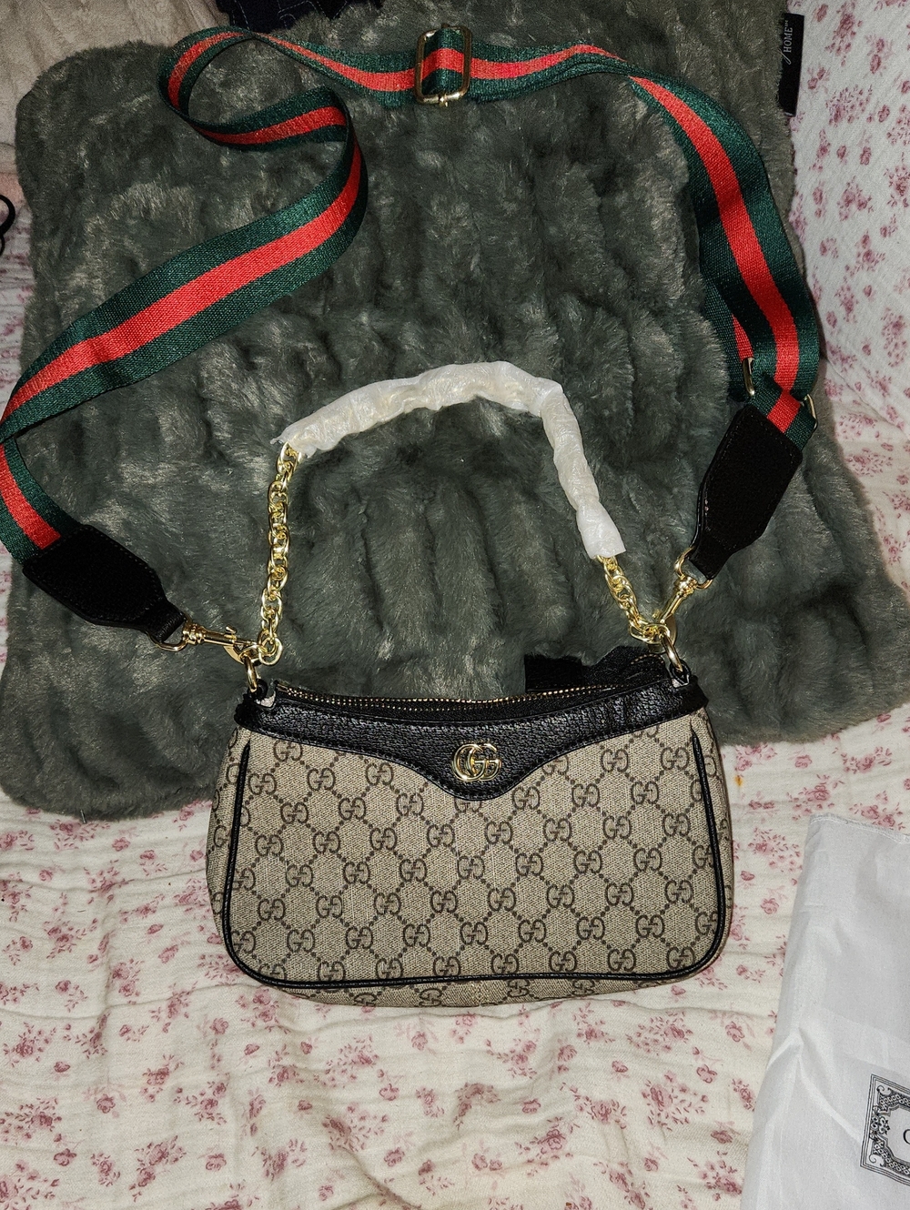 Designer Inspired Monogram Bag with Removable Crossbody Green-Red Strap